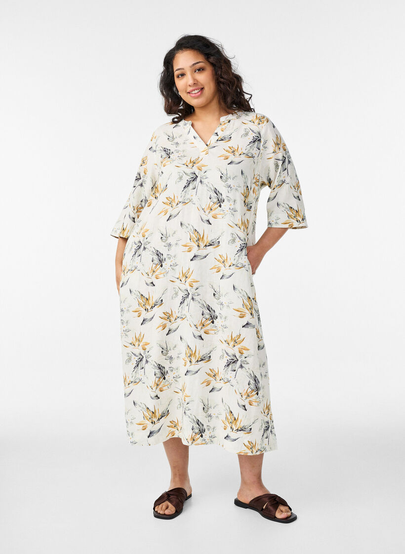 Sukienka midi z lnu i wiskozy z rekawami 1/2, Biały, Model image number 0