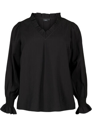 Bluzka z wiskozy z dlugim rekawem i falbanami, Black, Packshot image number 0