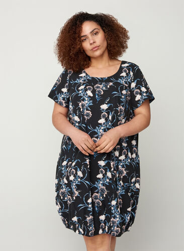 Short-sleeved, printed cotton dress, Black Flower, Model image number 0