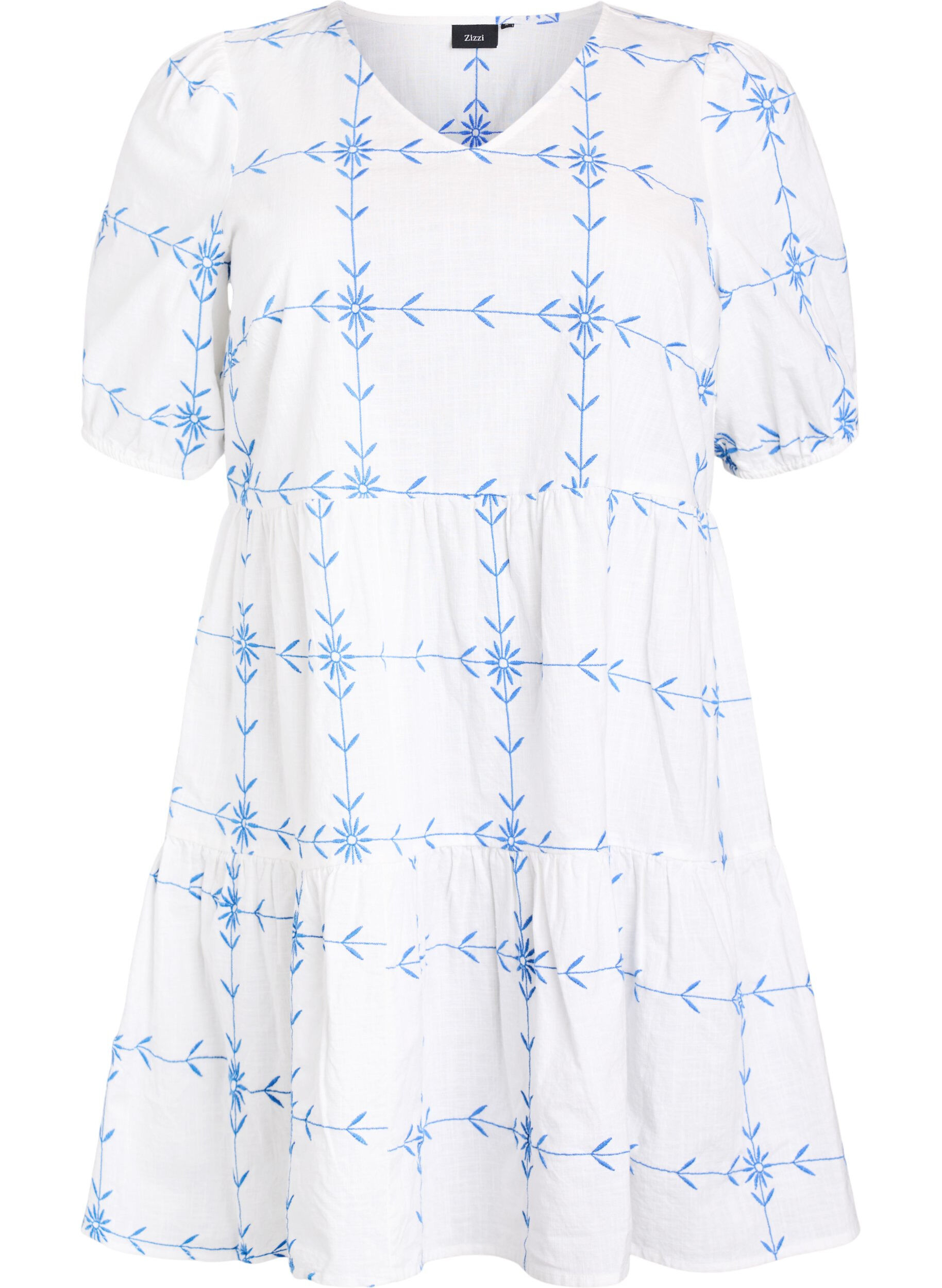 Kr&oacute;tka sukienka z dekoltem w szpic i haftem