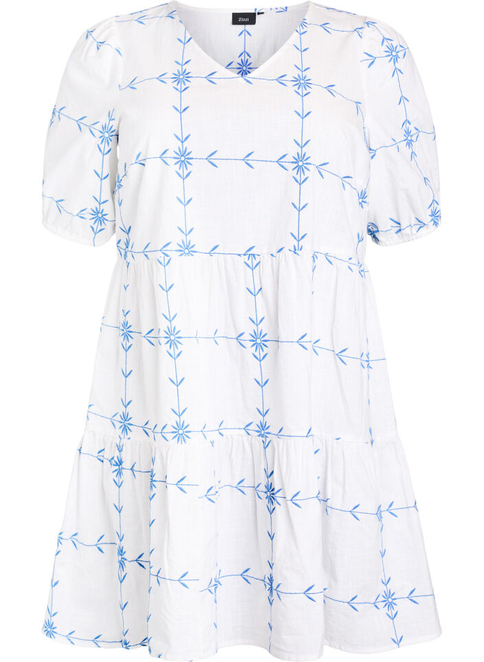 Krótka sukienka z dekoltem w szpic i haftem, Biały, Packshot image number 0