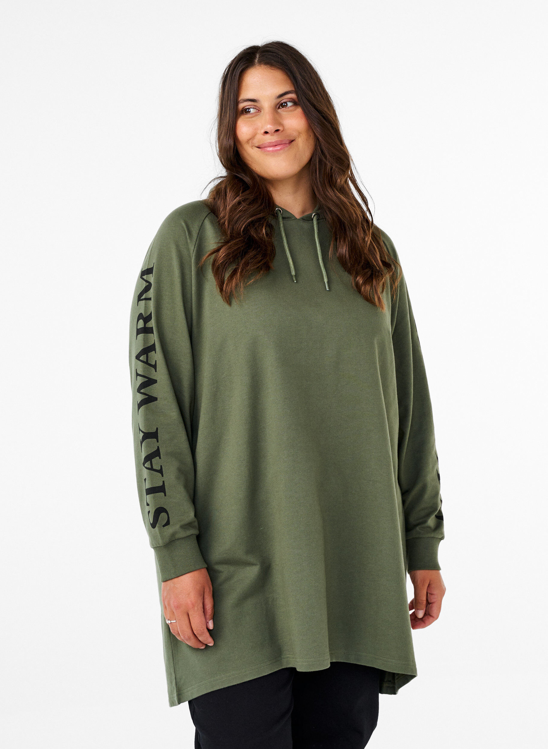 Zizzi Bluza oversize z nadrukiem na rekawach, Thyme w. Black, Model image number 0
