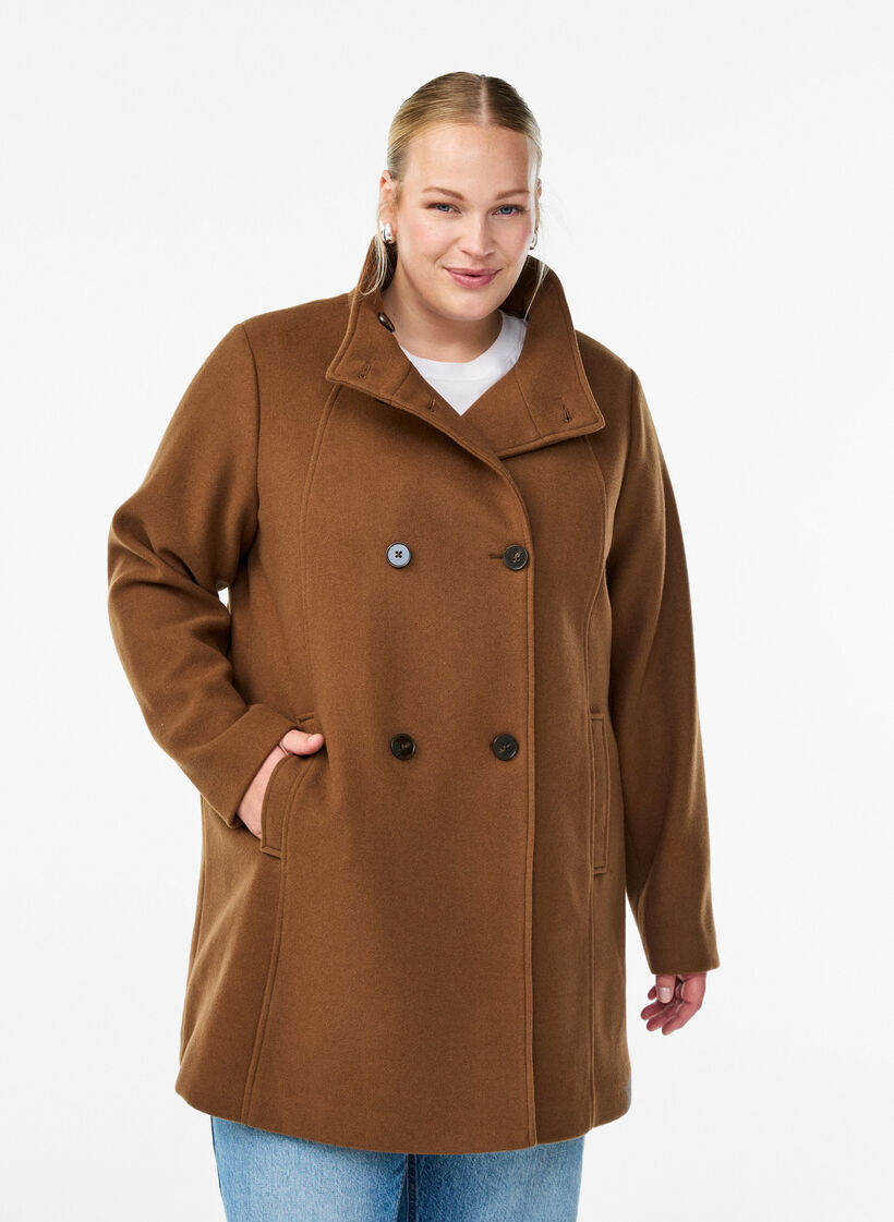 Kr&oacute;tki plaszcz o kroju w ksztalcie litery A, Brązowy, Model image number 0