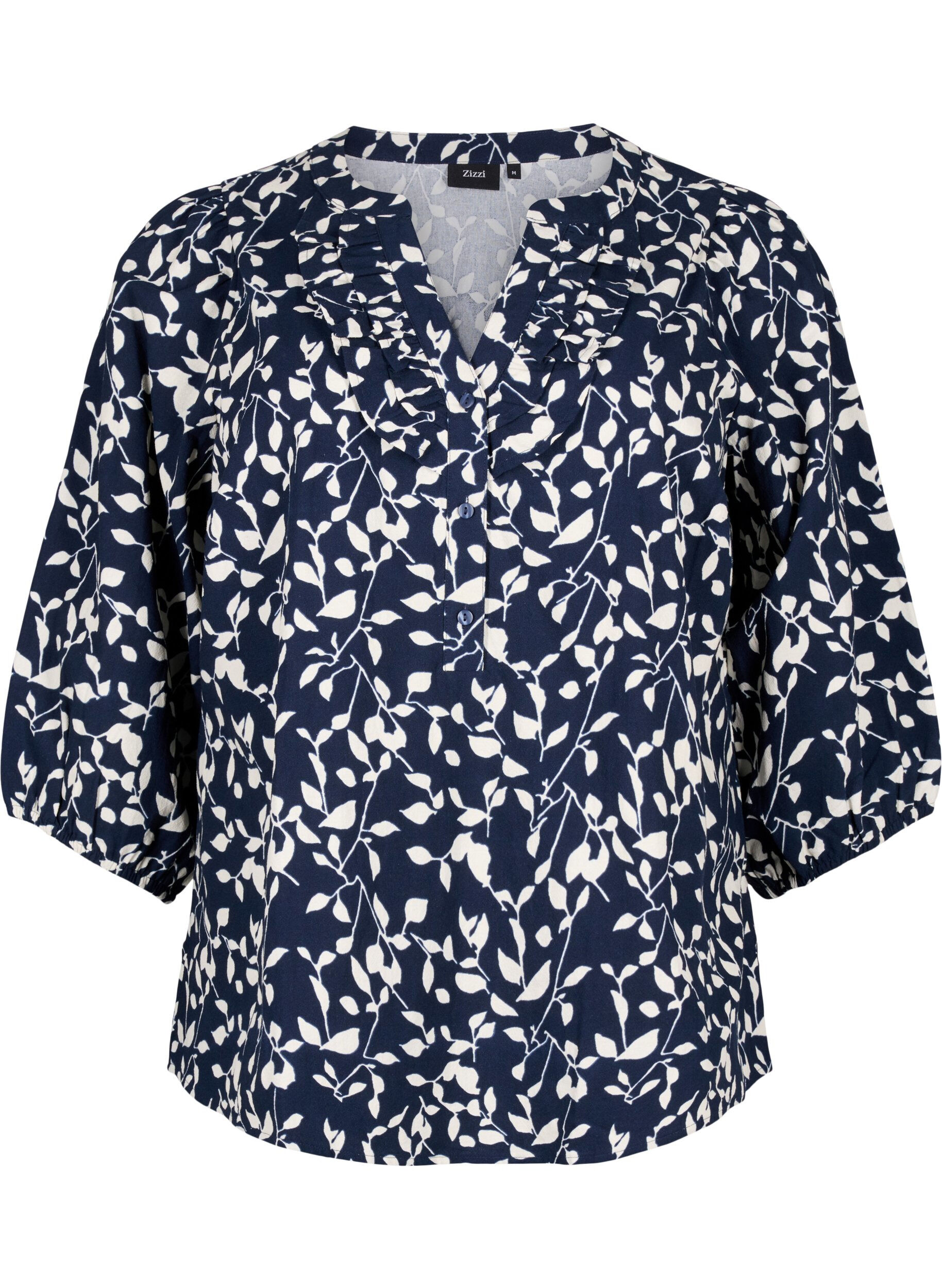 Zizzi Bawelniana bluzka z rekawem 3/4 i nadrukiem, Navy Blazer Leaf, Packshot image number 0