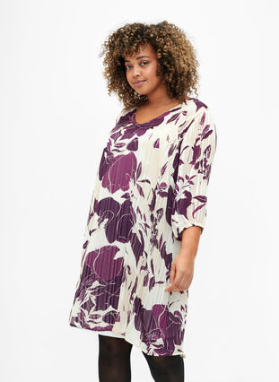 Sukienka z dekoltem w szpic i rekawami 3/4 z nadrukiem, D.Purple Graphic AOP, Model image number 0