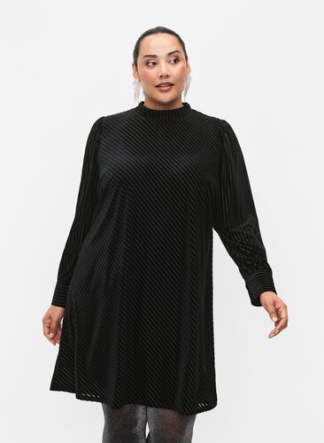 Welurowa sukienka o strukturalnym wzorze, Black, Model image number 0
