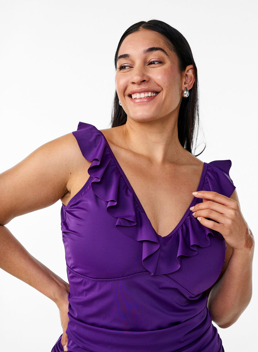 Str&oacute;j kapielowy z falbankami i wyjmowanymi wkladkami, Fioletowy, Model image number 2