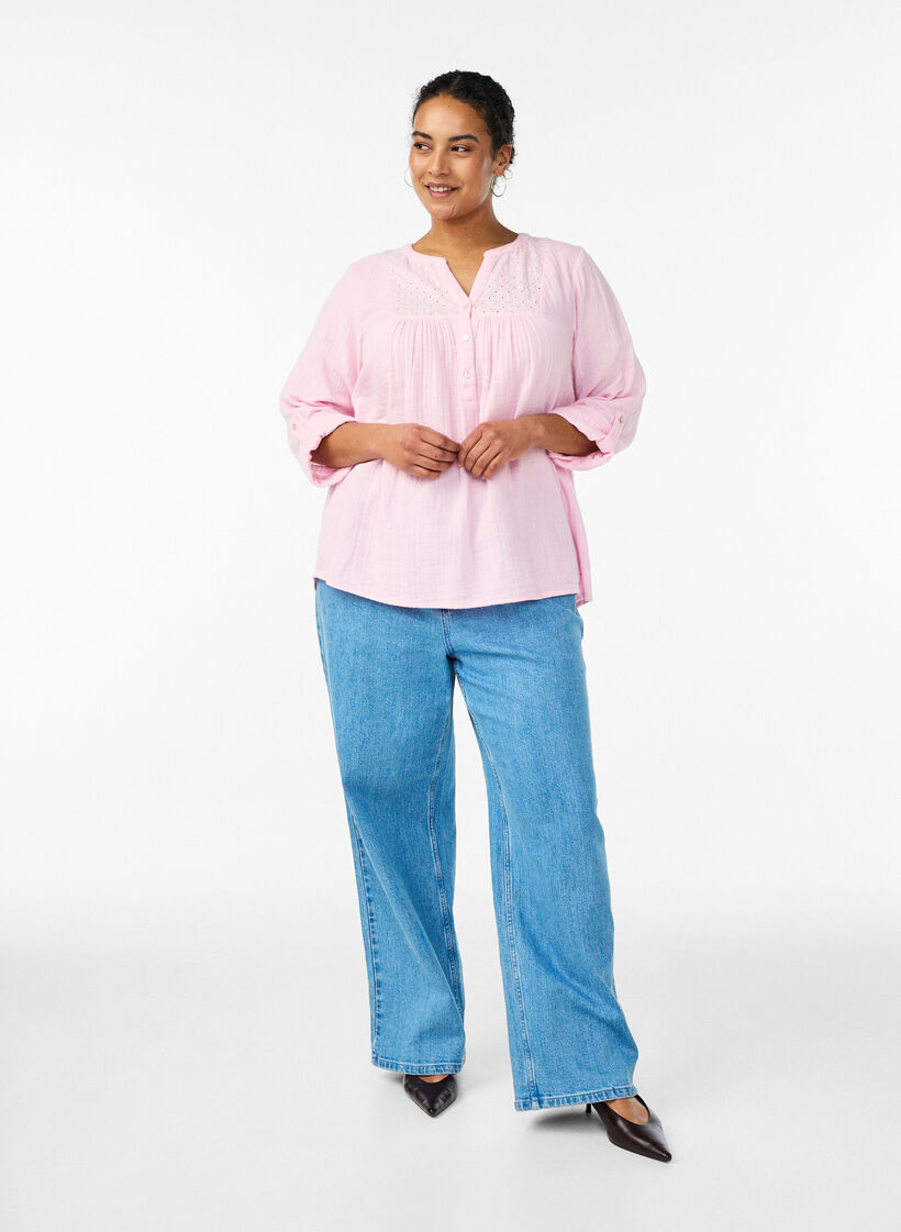 Bluzka z bawelnianego muslinu z haftem angielskim, R&oacute;żowy, Model image number 1