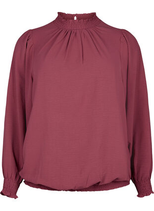 Bluzka z marszczeniem i dlugim rekawem w jednolitym kolorze, Dry Rose, Packshot image number 0