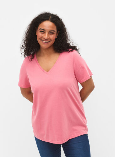 T-shirt z krótkim rekawem i dekoltem w szpic, Bubblegum Pink, Model image number 0