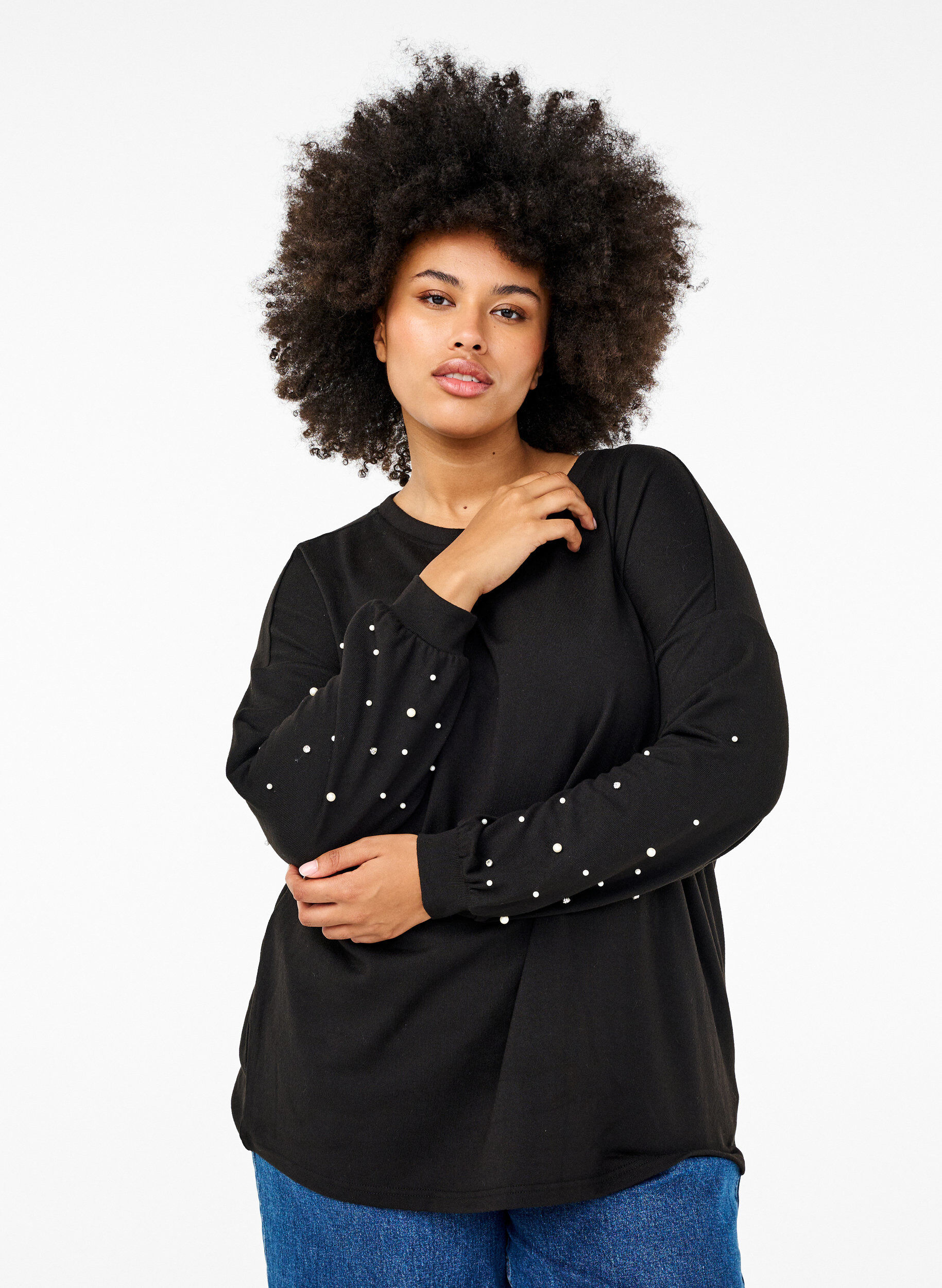 ZizziJednokolorowa bluzka z perlami, Black, Model image number 0