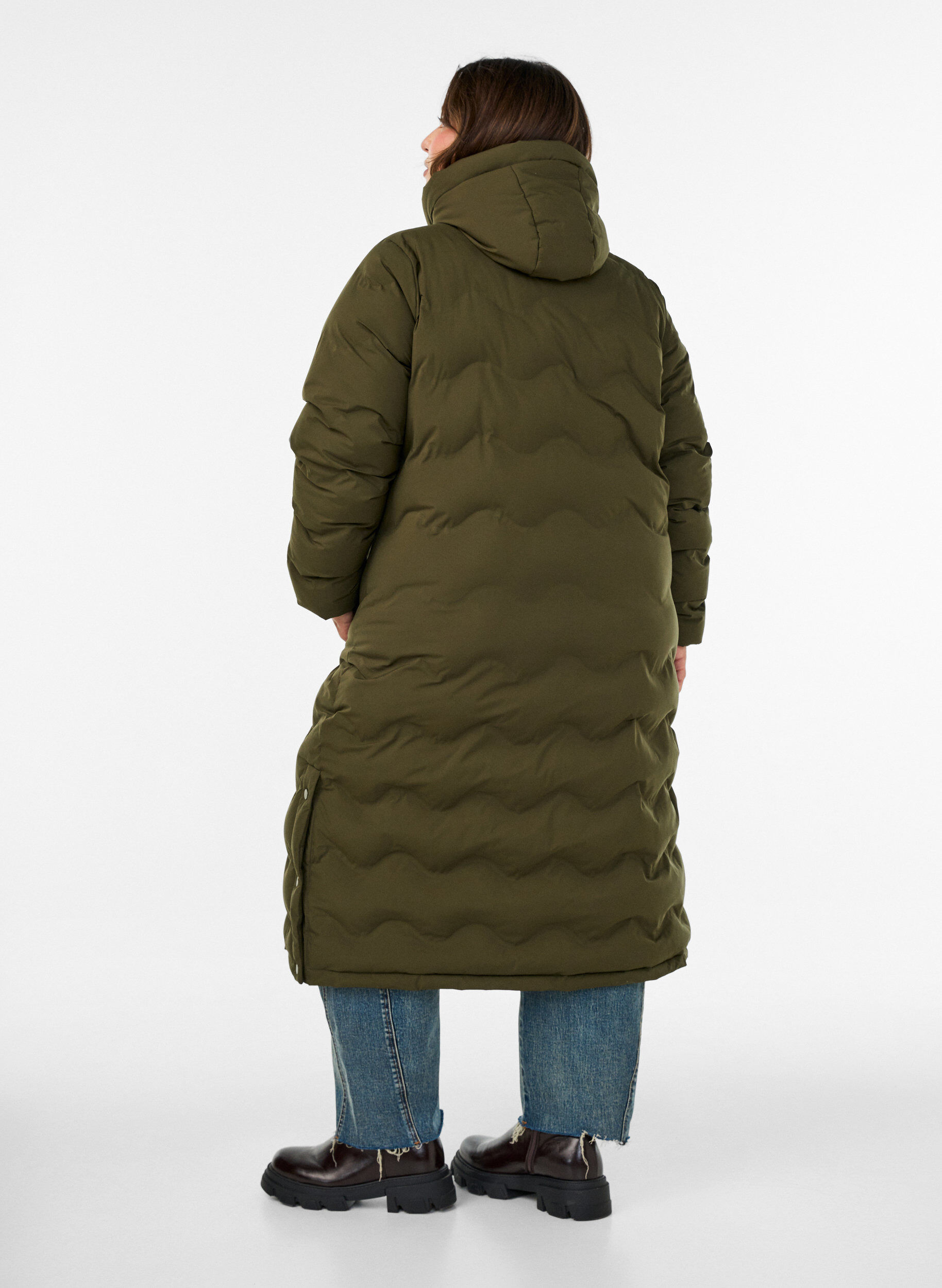 ZizziDluga kurtka puchowa z kapturem i wzorem falowym, Zielony, Model image number 2