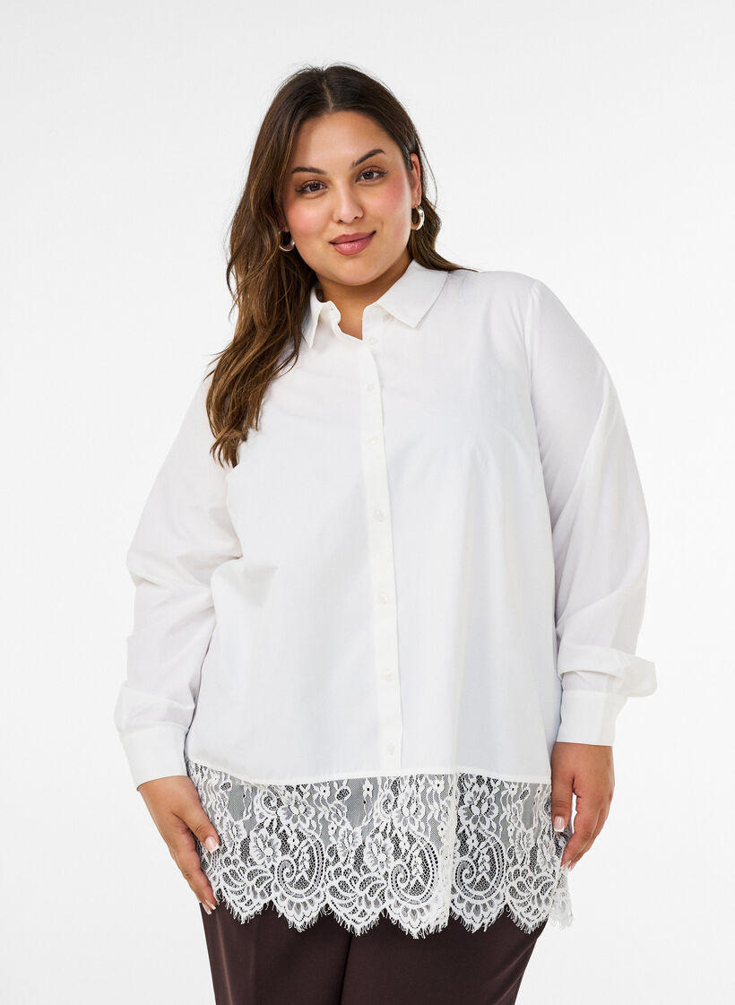 Luzna koszula z szerokim koronkowym wykonczeniem, Biały, Model image number 0