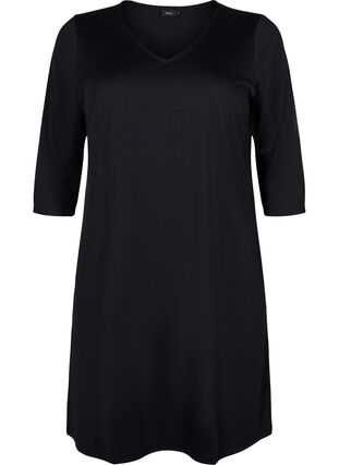 Gladka sukienka z dekoltem w szpic i rekawami 3/4, Black, Packshot image number 0