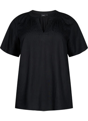 Wiskozowa bluzka z krótkimi rekawami i dekoltem w szpic, Black, Packshot image number 0
