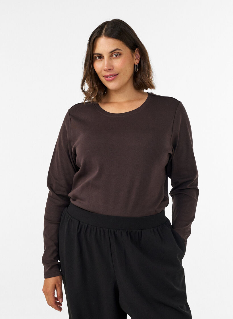 Basicowy T-shirt z dlugim rekawem i okraglym dekoltem, Brązowy, Model image number 0