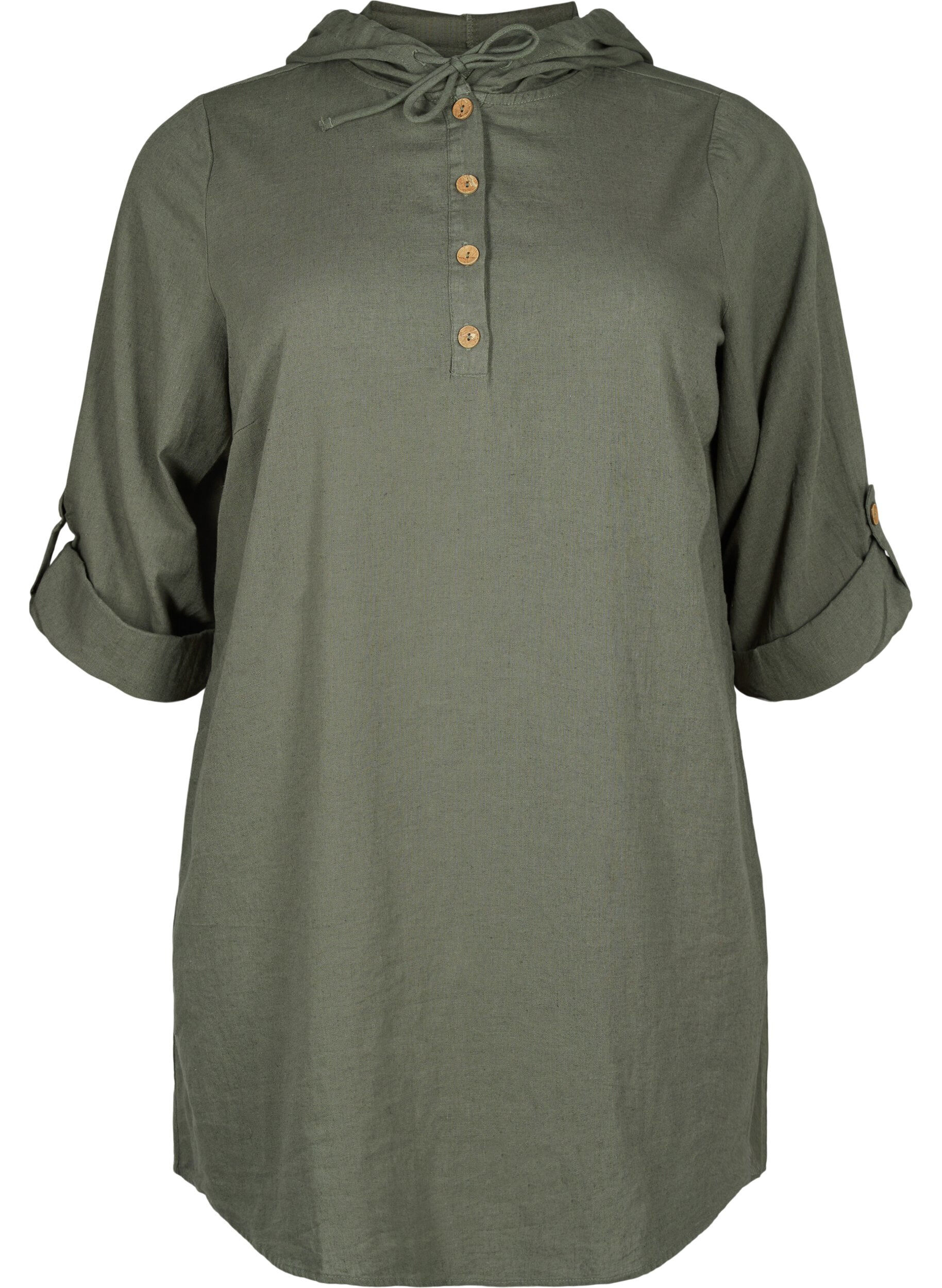 Zizzi Tunika z kapturem wykonana z bawelny i lnu, Thyme, Packshot image number 0