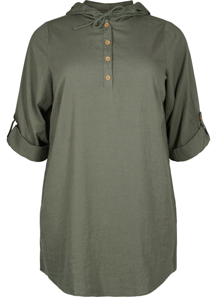 Tunika z kapturem wykonana z bawelny i lnu, Thyme, Packshot image number 0