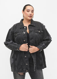 Luzna kurtka jeansowa z przetartymi detalami, Dark Grey Denim, Model