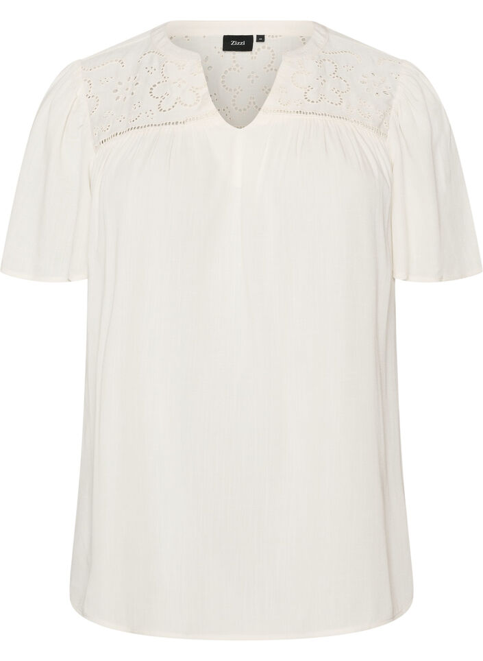 Bluzka z wiskozy z broderie anglaise, Beżowy, Packshot image number 0