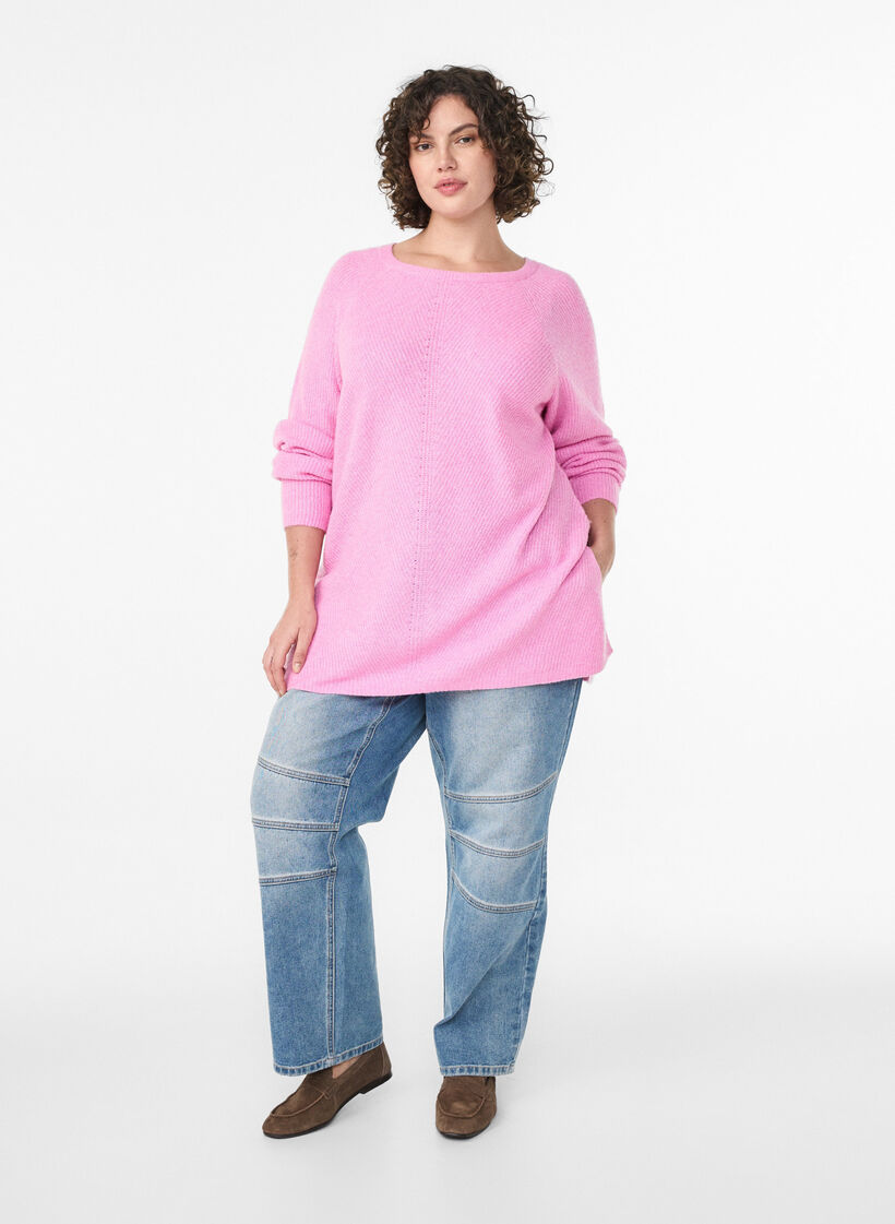 Sweter z dzianiny z ukosnym wzorem i rekawami raglanowymi, R&oacute;żowy, Model image number 1