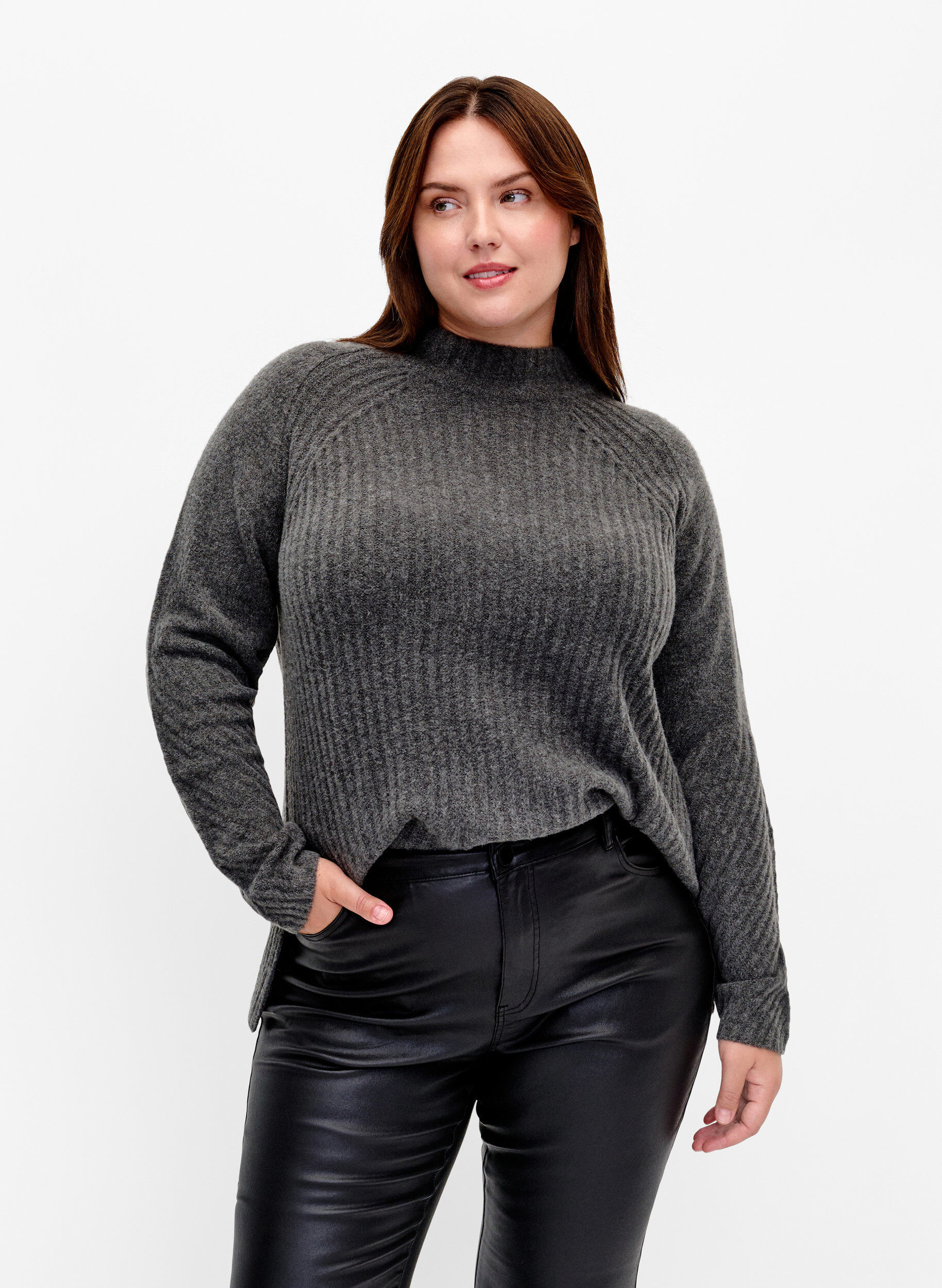Zizzi Sweter z golfem o prazkowanej fakturze, Dark Grey Melange, Model image number 0