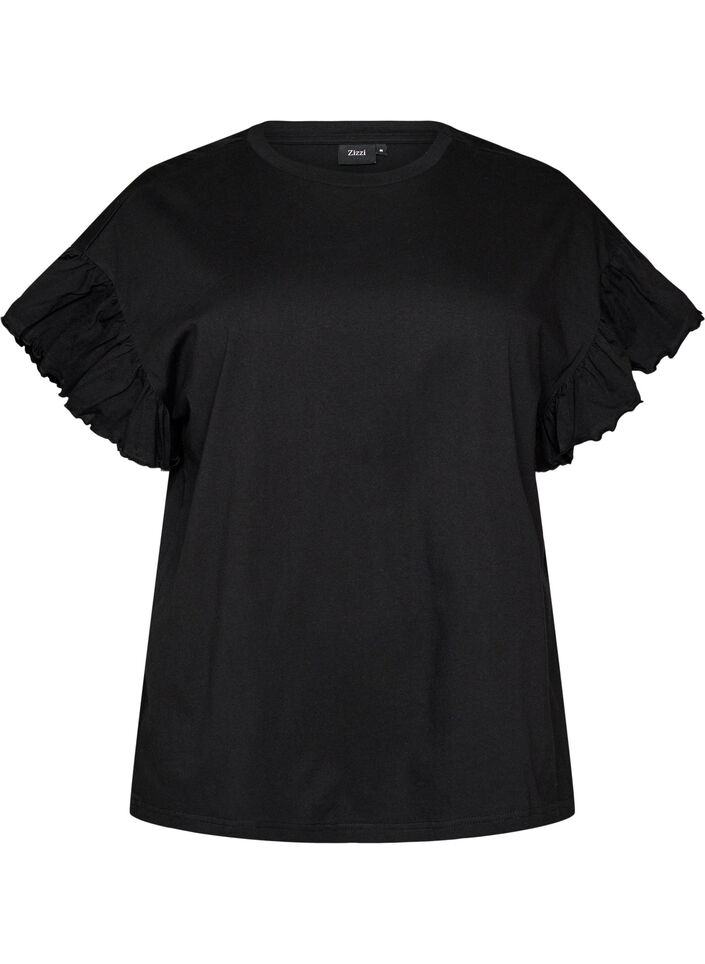 T-shirt z bawelny organicznej z bufiastymi rekawami, Czarne, Packshot image number 0
