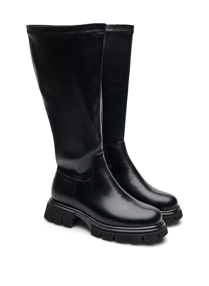 Dlugie buty ze sztucznej sk&oacute;ry z grubego podeszwa, Czarne, Packshot image number 1