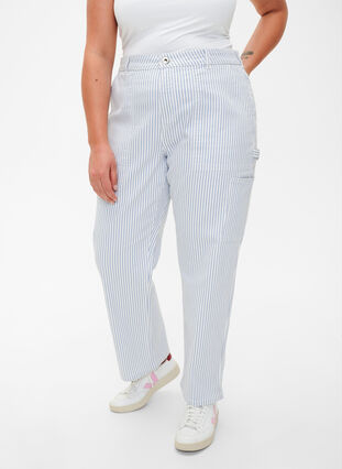  Jeansowe bojówki w paski o prostym kroju, Blue White Stripe, Model image number 2