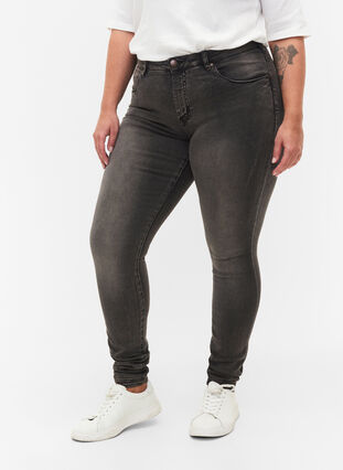 Super waskie jeansy Amy z wysokim stanem, Dark Grey Denim, Model image number 2