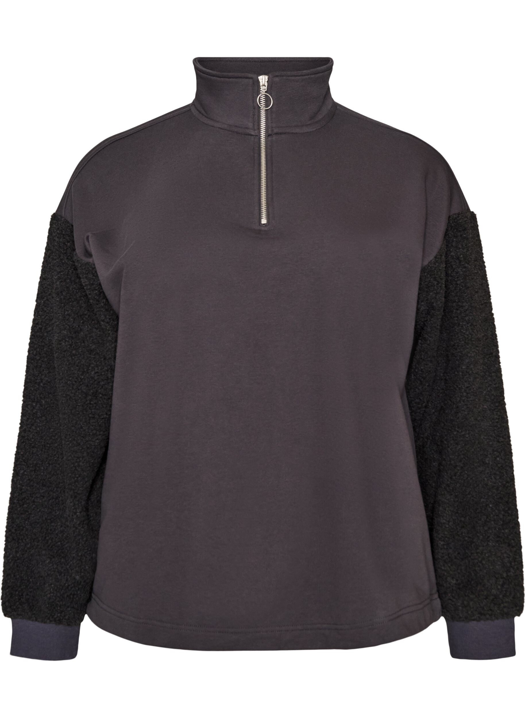 ZizziBluza z podszewka z pluszu i wysokim kolnierzem, Ciemnoszary, Packshot image number 0