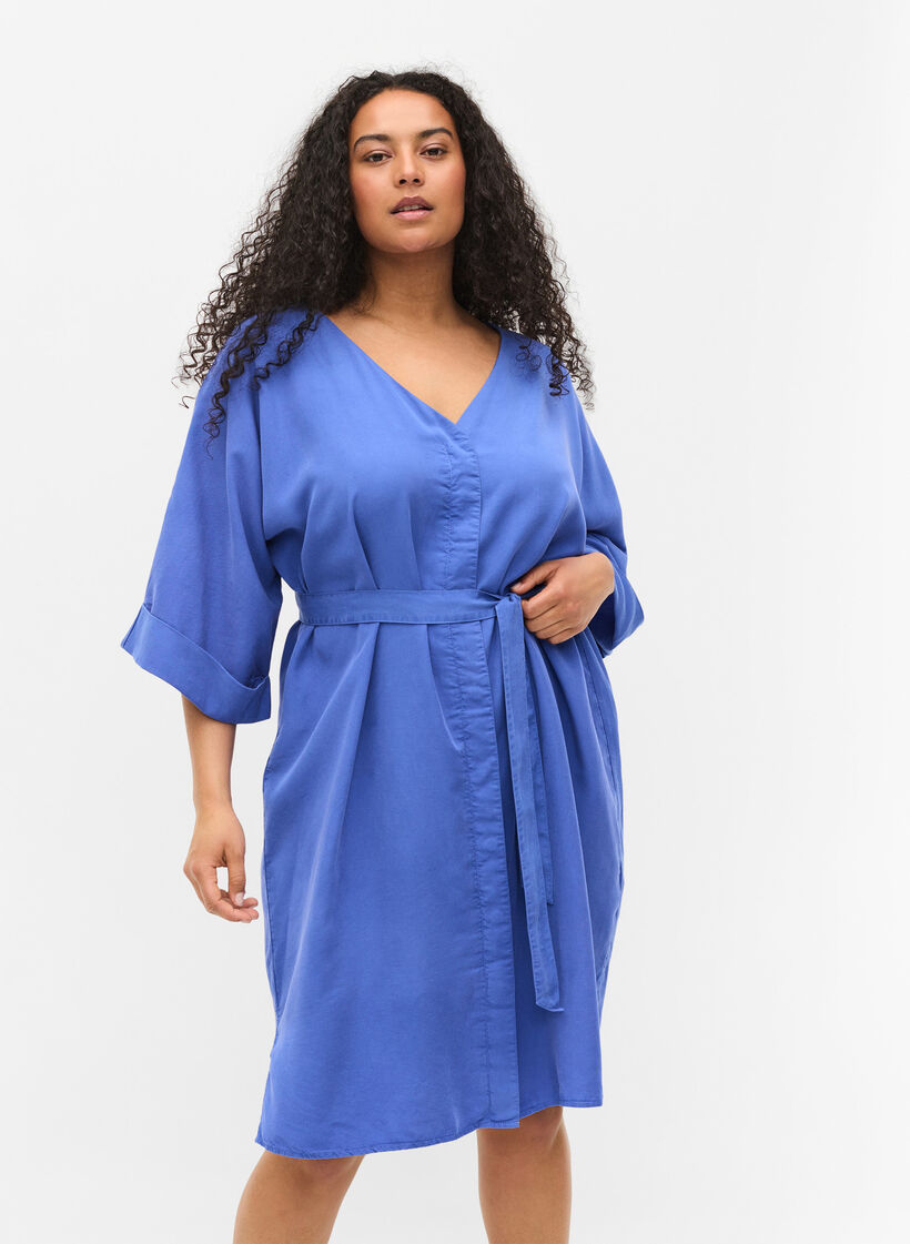Dress with 3/4 sleeves and tie-belt, Blue, Model image number 0