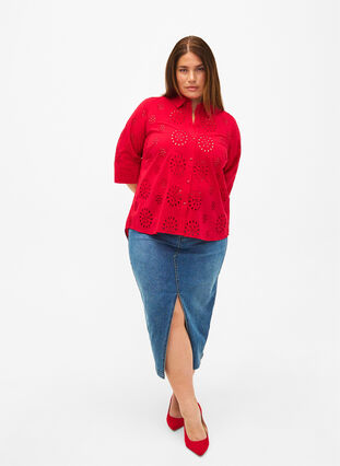 Bluzka koszulowa z haftem angielskim i rekawem 3/4, Tango Red, Model image number 3