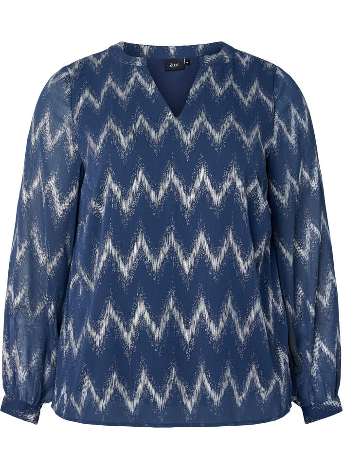 Bluzka z nadrukiem i dekoltem w szpic, Niebieskie, Packshot image number 0