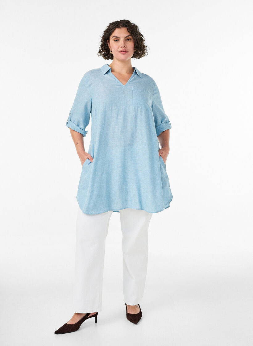 Linen and viscose tunic with A-shape, Light Blue, Model image number 1