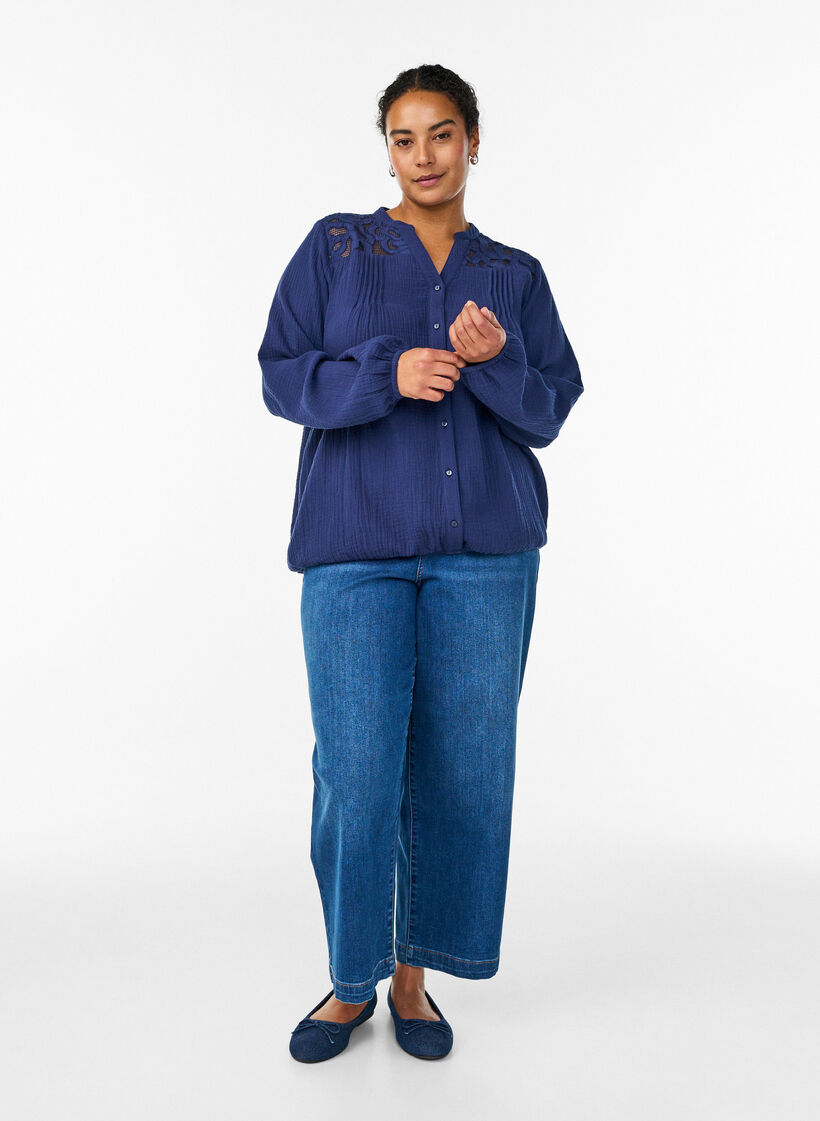 Bluzka z bawelnianej muslinowej tkaniny z haftowanymi detalami, Niebieskie, Model image number 1