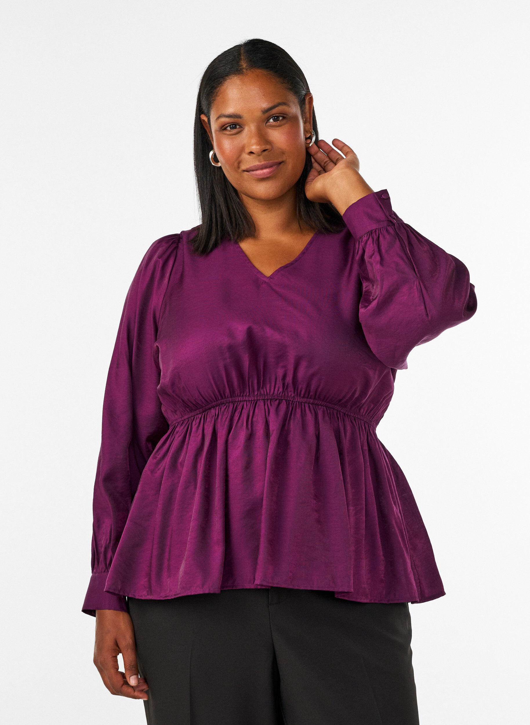 ZizziBlyszczaca bluzka z wiskozy z efektem peplum, Fioletowy, Model image number 0