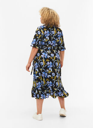 Kopertowa sukienka z nadrukiem i krótkim rekawem, Black Blue Flower, Model image number 1
