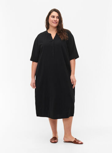 Flash - Bawelniana sukienka midi z krótkim rekawem, Black, Model image number 0