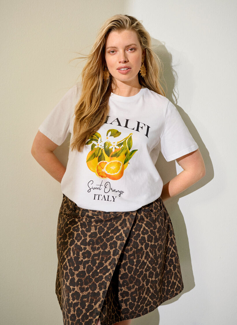 Kr&oacute;tka dzinsowa sp&oacute;dnica w panterke o linii A, Brązowy, Image