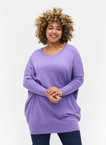 Dzianinowy sweter z okraglym dekoltem, Paisley Purple, Model image number 0