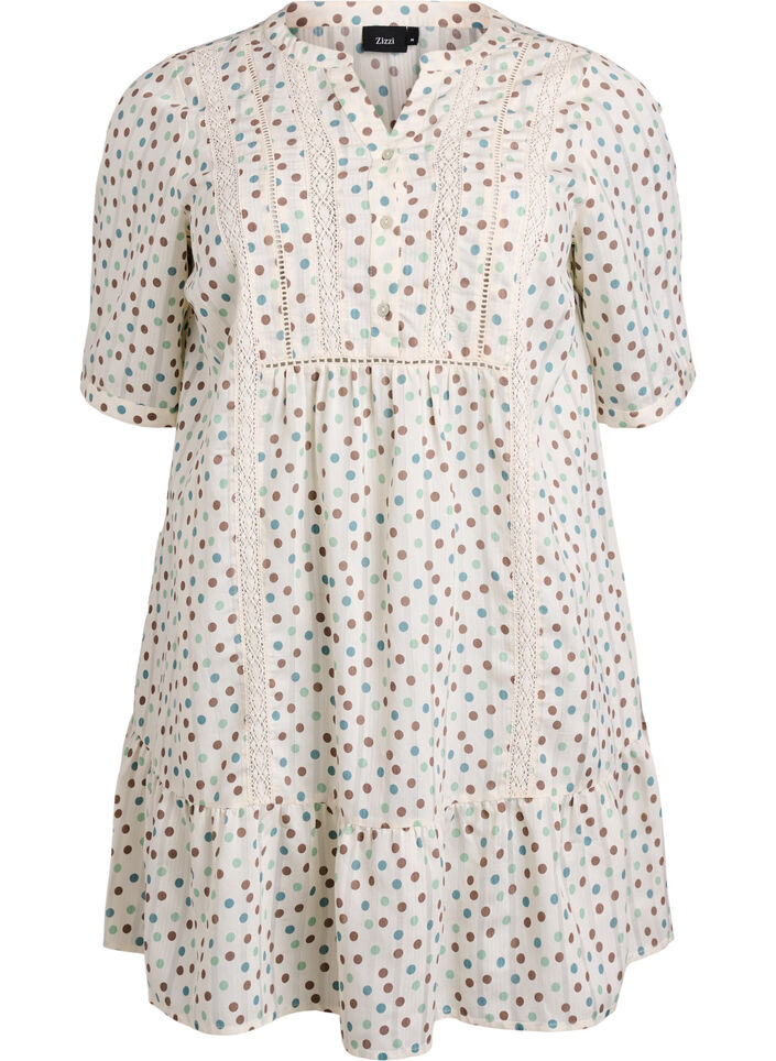 Krótka wiskozowa sukienka o trapezowym kroju wykonczona koronka, Biały, Packshot image number 0