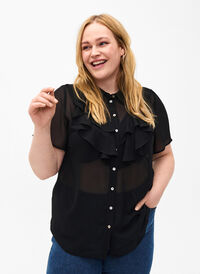 Bluzka koszulowa z krótkim rekawem i falbanami, Black, Model