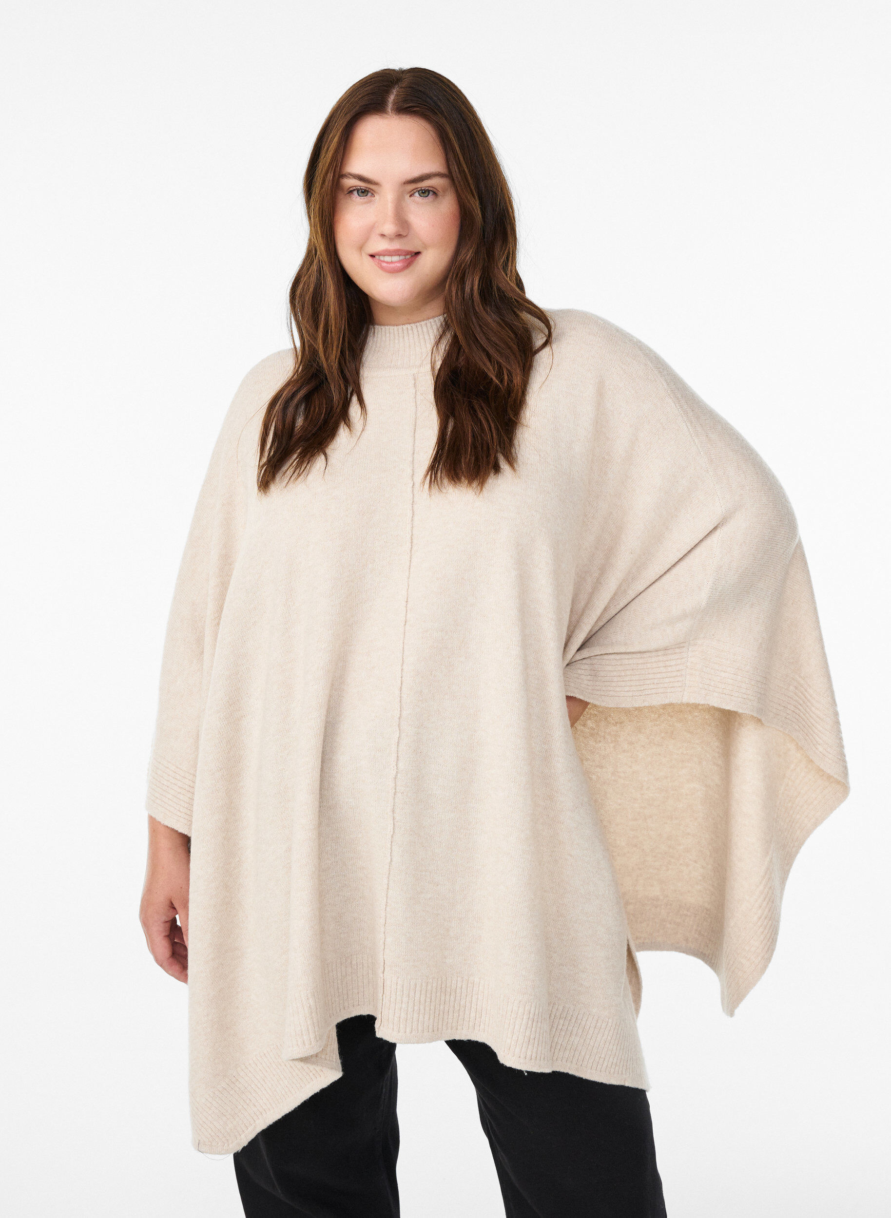 Zizzi Poncho ze sciagaczami i okraglym dekoltem, Beżowy, Model image number 0