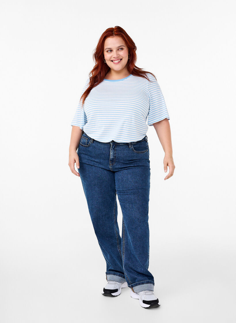 T-shirt w paski z lyocellu z okraglym dekoltem, Niebieskie, Model image number 1