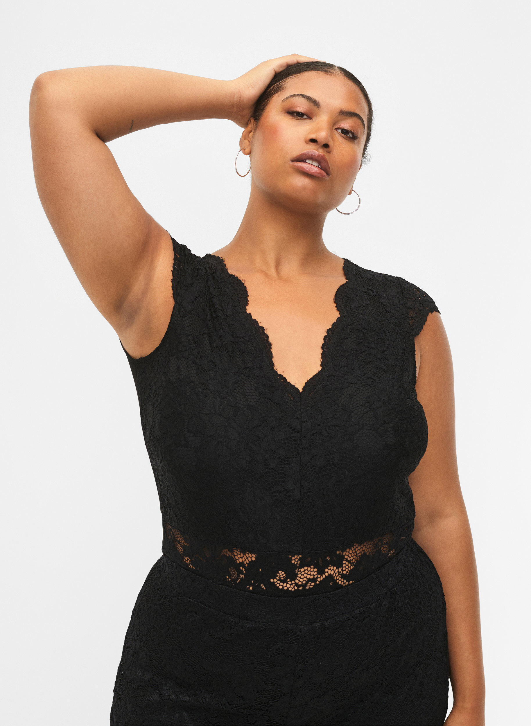 Zizzi Bodystocking z koronka i dekoltem w szpic, Black, Model image number 0