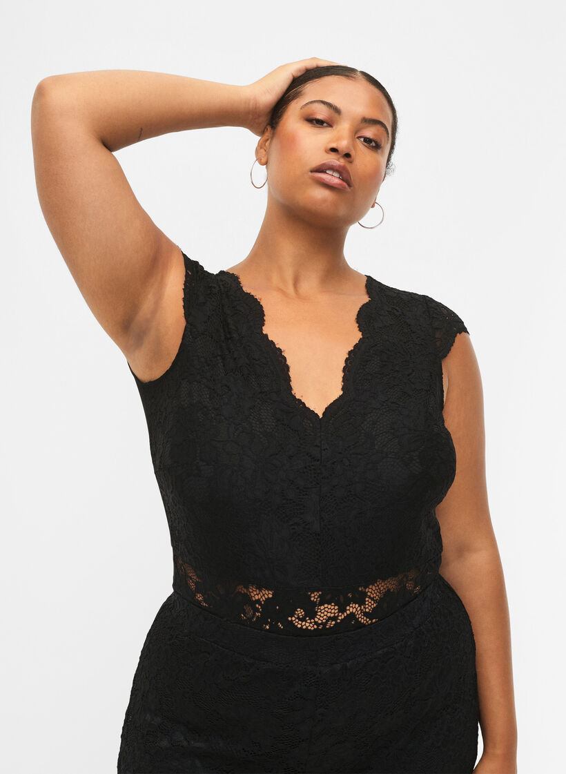 Bodystocking z koronka i dekoltem w szpic, Black, Model image number 0