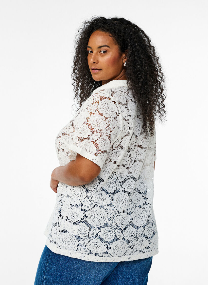 Koronkowa bluzka z kolnierzykiem i dekoltem w szpic, Biały, Model image number 2