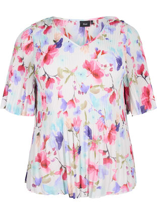 Plisowana bluzka w kwiaty, White/MultiFlowerAOP, Packshot image number 0