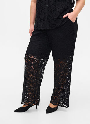Koronkowe spodnie z kieszeniami, Black, Model image number 2
